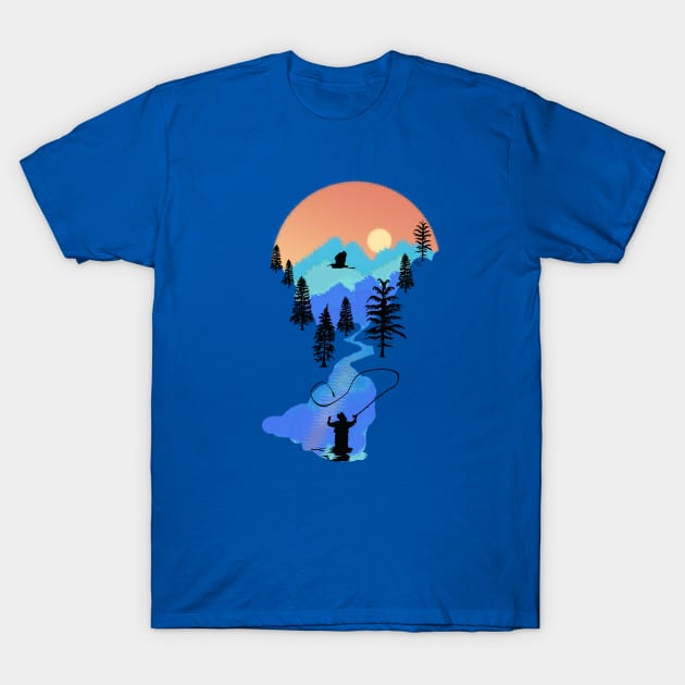 Fly Fishing Mountain Sunset by TeeCreations T-Shirt by TeeCreations